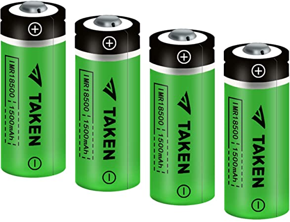 18500 Rechargeable Batteries, Taken IMR 18500 1600mAh 3.7V Li-ion Rechargeable Battery with Button Top - 4 Pack