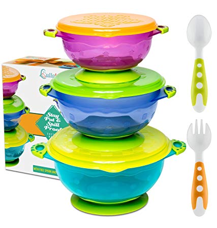 BEST SUCTION BABY BOWLS FOR TODDLERS-Toddler Bowls Baby Feeding Set with Baby Utensils | Bonus Baby Spoons and Baby Fork | To Go Baby Bowl with Secure Lids | Suction Plates | BPA Free Suction Bowl for