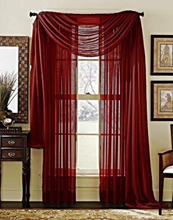 Avanti Home Elegance Solid Colors 1 PC Scarf Valance Soft Sheer Voile Window Topper Swag Panel Curtain 37" x 216" Long (1 Scarf: 37" x 216", Burgundy)