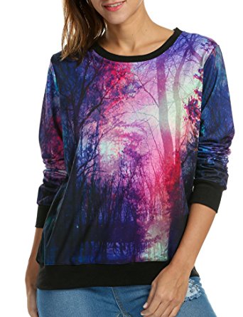 ACEVOG Women's Galaxy Printing Galaxy Pocket Hooded Sweatshirt Pullover