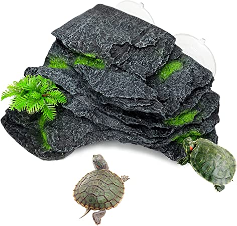 kathson Turtle Basking Platform with Suction Cups Tortoise Climbing Step Ledge Aquarium Ornament Rock Turtle Floating Dock Resting Basking Terrace for Amphibians Reptile   (Gray)