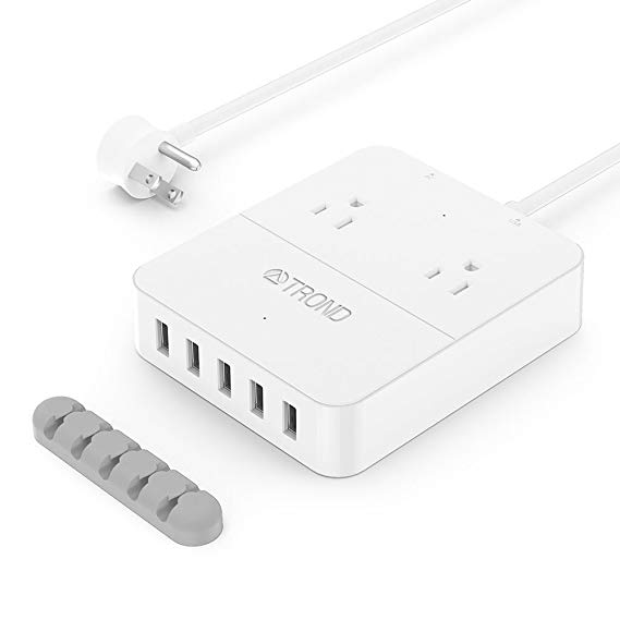 TROND 2-Outlet Power Strip with USB Charger (5-Port, 40W/8A), Angled Flat Plug, Dual Power Switches & LEDs, 5ft Long Cord, for Travel, Home, Office, Hotel, Nightstand & Dresser – White