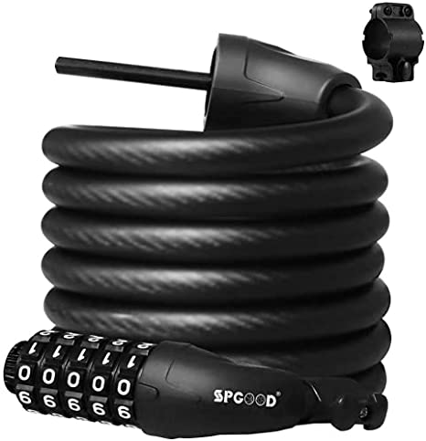 SPGOOD Bike Lock Cable/Bicycle Chain Lock/Cycling Lock (8 Colors) with 5-Digits Codes (180CM/12MM) Combination Cable Lock for Bike Cycle, Moto, Door, Gate Fence (Black)