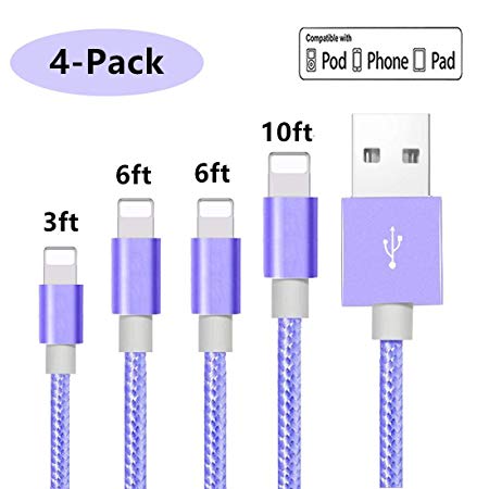 Beskson Charger Cable for Phone, Charger Cord 4Pack Nylon Braided Charging Cord Compatible Phone xs/xsmax/xr/8/8plus/7/7plus/6/6plus pad pod & More - Purple（3/6/610FT）