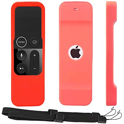 Remote Control Case Compatible Apple Tv 4K, Pinowu Anti Slip Shockproof Silicone Remote Sleeve Compatible with Apple Tv 4th Gen Siri Remote Controller with Hooks and Lanyard [2 Pack] (Pink and Red)