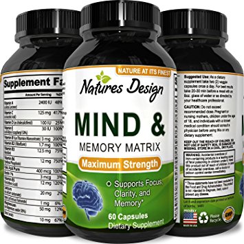 Mind & Memory Enhancement Pills with Green Tea DMAE Bitartrate - Brain Booster Nootropic Focus Mental Clarity Anti Aging Pure Vitamins Natural Dietary Supplement for Men & Women by Natures Design