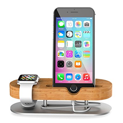 TechVibe Apple Watch Stand, Wood & Aluminum Charging Stand Bracket Docking Station Cradle Holder for iPhone 7/6s/6/5s and Apple Watch 38mm 42mm Series 1 Series 3 -Brown
