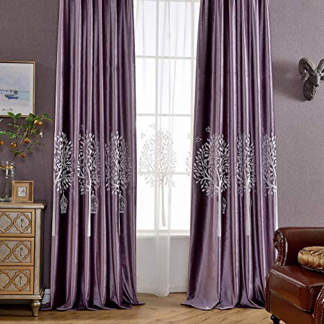 VOGOL Super Soft Luxury Velvet Blackout Curtains, Energy Efficient Grommet Curtain Drapes for Theater/Bedroom/Living Room, 2 Panels, 52x84, White Trees in Purplish Pink