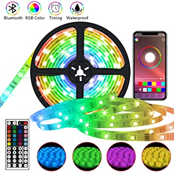 LED Strip Lights,32.8ft Bluetooth LED Rope Lights,300 LEDs Music Sync Color Changing Tape Lights,12V 5050 RGB Light Strips with IR Remote,APP Controlled,IP65 Waterproof,for Bar Home Bedroom