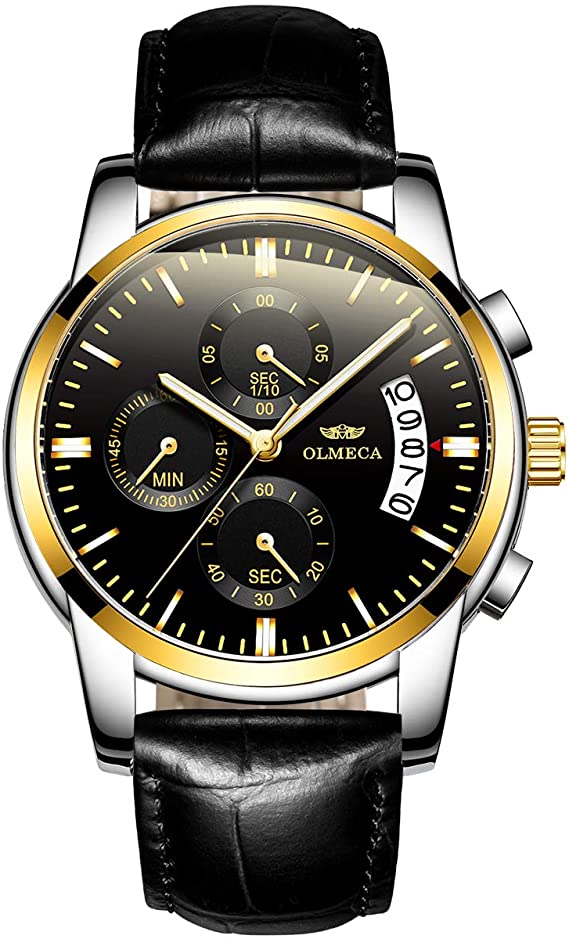 OLMECA Men's Watch Fashion Luxury Wrist Watches Analog Quartz Waterproof Chronograph Watch for Men Stainless Steel Case Genuine Leather Strap Clock 826-PD
