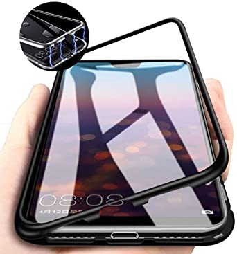 For Huawei P30 Pro Case,Magnetic Metal Adsorption Strong Magnet Built-in Frame Cover Case with Front & Back Tempered Glass 360° Full Body Protective Case Cover (Black)