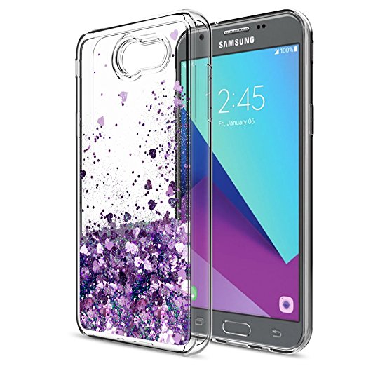 Galaxy Amp 2/Express Prime 2/J3 Mission/J3 Emerge/J3 Prime/J3 Eclipse/J3 Luna Pro/Sol 2 Case with HD Screen Protector,LeYi Girl Glitter Quicksand Liquid Clear TPU Case for Samsung J3 2017 ZX Purple