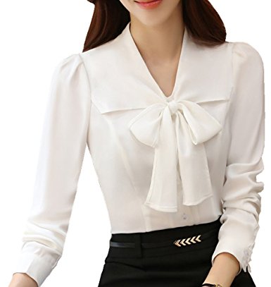 JHVYF Women's Chiffon Long Sleeve Blouse Bow-Tie V Neck Slim Fit Button Down Shirt