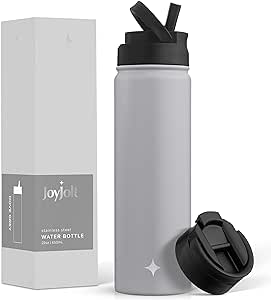 JoyJolt Triple Insulated Water Bottle with Straw Lid AND Flip Lid! 22oz Water Bottle, 12 Hour Hot/Cold Vacuum Insulated Stainless Steel Water Bottle. BPA-Free Leakproof Water Bottles - Thermos Bottle