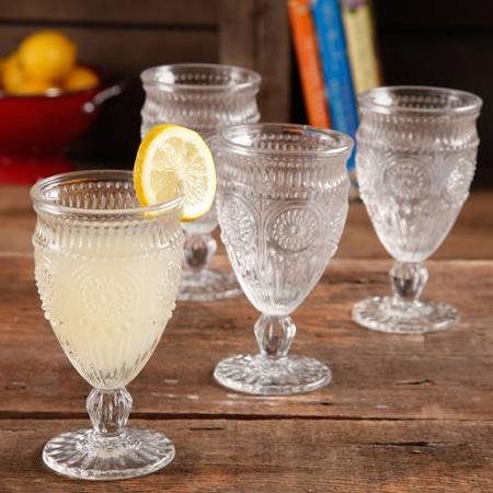 The Pioneer Woman Adeline Embossed 12-Ounce Footed Glass Goblets, Set of 4 (Clear)
