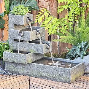 Tiered Water Fountain Outdoor Garden - Waterfall Indoor Freestanding Cascade Fountain Concrete Artistry Modern Style with LED Lights for Patio Yard Pool Home Decor,32.5 inchs Long