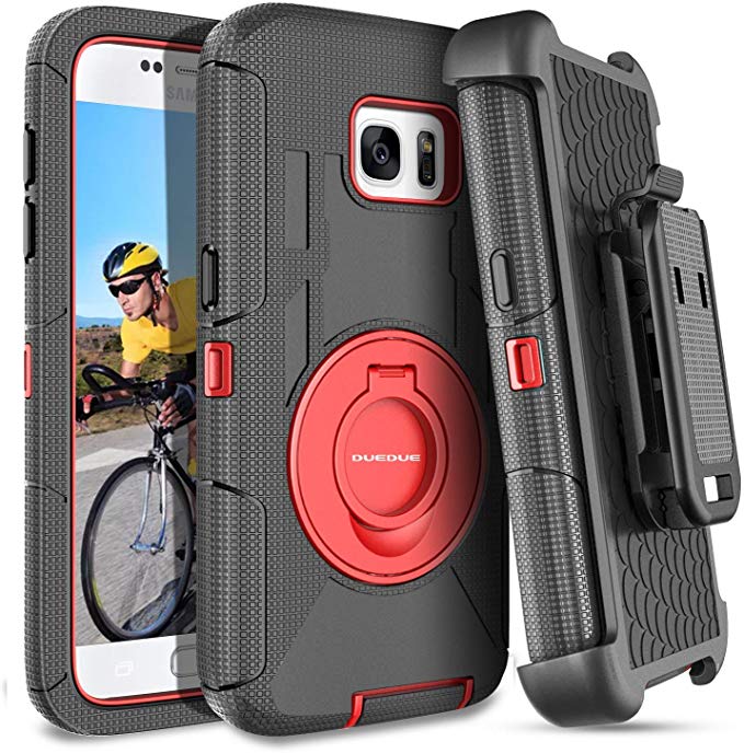 S7 Case, Samsung Galaxy S7 Case, DUEDUE Shockproof Heavy Duty Hybrid Hard PC Soft Silicone Full Body Rugged Kickstand Belt Clip Holster Protective Phone Case for Samsung S7 (G930), Black/Red