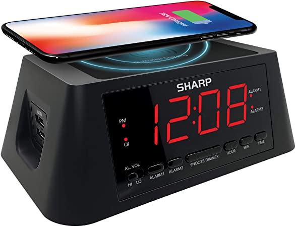 Sharp “Tank” Digital Alarm Clock with Wireless Qi Charging with Anti-Slip Grip Pad – 2 FastCharge USB Charging Ports – Large Easy to Read 1’ Red LED Dimmable Display – Dual Alarm with 2 Alarm Settings
