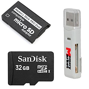 Sandisk 32GB UHS-1 MicroSD MicroSDHC Card with MicroSDHC to Memory Stick MS Pro Duo Adapter for Sony PSP and Cybershot Cameras with MemoryMarket Micro SDHC & SD USB Dual Slot Memory card Reader