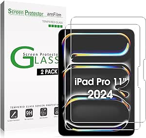 amFilm (2 Pack) Compatible with iPad Pro OLED 11 Inchh 2024 Model-M4, Tempered Glass Screen Protector, Face ID & Apple Pencil Compatible, with Easy Installation Handle