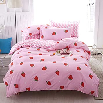 Morbuy King Duvet Cover Set Girls Strawberry Bedding Set 3pcs, Soft Comfy Microfiber Fruit Geometry Reversible Duvet Cover with 2 Pillow Cases (Queen-220x230CM, Foundation strawberry)
