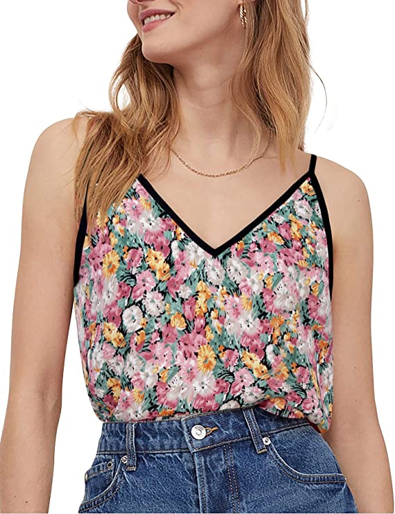 Timeson Women's V Neck Floral Tank Tops Casual Sleeveless Chiffon Blouse Shirts