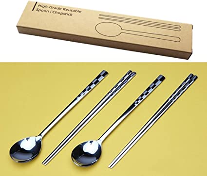 Korean Style Stainless Steel Spoons and Chopsticks set (2 Set-Check Pattern)