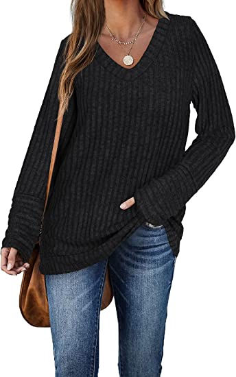 Aokosor Womens Long Sleeve Tops V Neck Jumpers Solid Color Sweatshirts