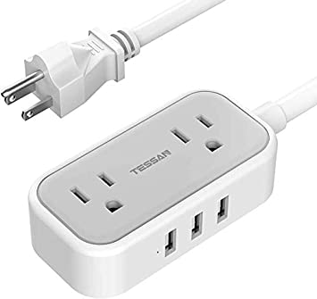 Small Power Bar with USB Ports, TESSAN 3 Feet Extension Cord with 2 Widely Spaced Outlets 3 USB Ports, Desktop Power Strip Mini Nightstand Charging Station for Cruise Travel Essentials and Accessories