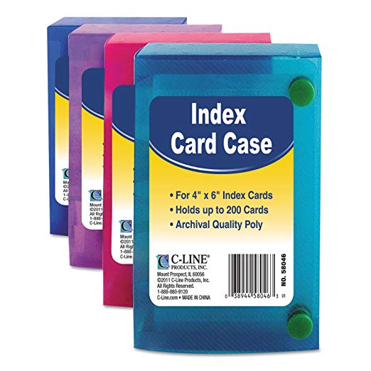 C-Line 58046 Index Card Case, Holds 200 4 x 6 Cards, Polypropylene, 1 Assorted Color