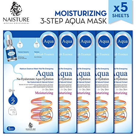 Naisture Aqua Face Mask Pack (5 Sheets), 3 Step Full Facial Treatment with Hyaluronic Acid for Dry Skin - Moisturizing Essence