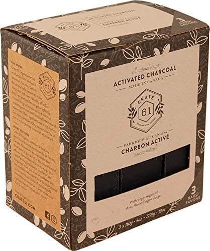 Crate 61 Activated Charcoal & Argan oil Soap 3 pack, 100% Vegan Cold Process, scented with premium essential oils, for men and women, face and body. ISO 9001 certified manufacturer