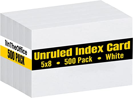 1InTheOffice Index Cards 5x8 Blank, Unruled Index Cards, White, 500/Pack