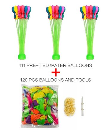 Kemuse 3 Bunches of 111 Self Tie Water Balloons with Refill Kit Includes 1pcs Supplementary package (120pcs Balloons and tools)- Kids Toy Game