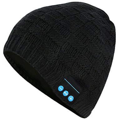Bluetooth Beanie Cap, Outdoor Sport Knit Hat Fashion Washable with Wireless Rechargeable Removal Earpiece for Audio Listening Music for Cell Phones, iPhone, iPad, Android, Laptops, Tablets - Black