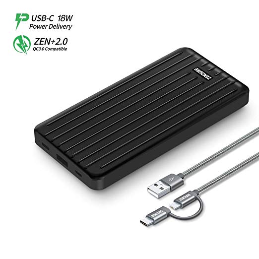 Zendure Ultra-Slim 10000mAh Portable Charger, (Durable) (PD & QC 3.0) USB-C Power Bank with Dual USB Output (3A), Fast Charge External Battery Pack Compatible with iPhone, Nintendo Switch, Samsung and