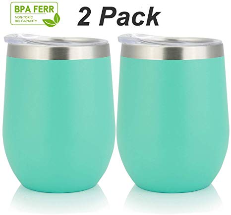 Stainless Steel Insulated Wine Tumbler With Lid,12 oz,Double Wall Vacuum Insulated Cup, For Champaign, Cocktail, Beer,Coffee,Drinks,BPA Free (12oz 2 pcs, Aqua Blue)