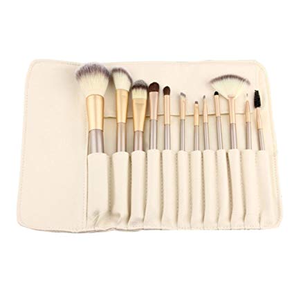 Tenworld 12pcs Cosmetic Tool Fondation Eyeshadow Makeup Brushes Set with Make Up Bag (Beige)