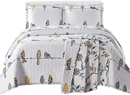 Royal Tradition Ayat Birds Lightweight Coverlets, Full/Queen Over-Sized 3pc Quilt Set (92-Inch Wide x 96-Inch Long) Mix of Canary Colors Bedspread