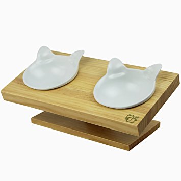 ViviPet 15 Degree Tilted Platform Pet Feeder_ for Pets Under 20lbs - Solid Pine Stand with Ceramic Bowls dog bowl cat bowl