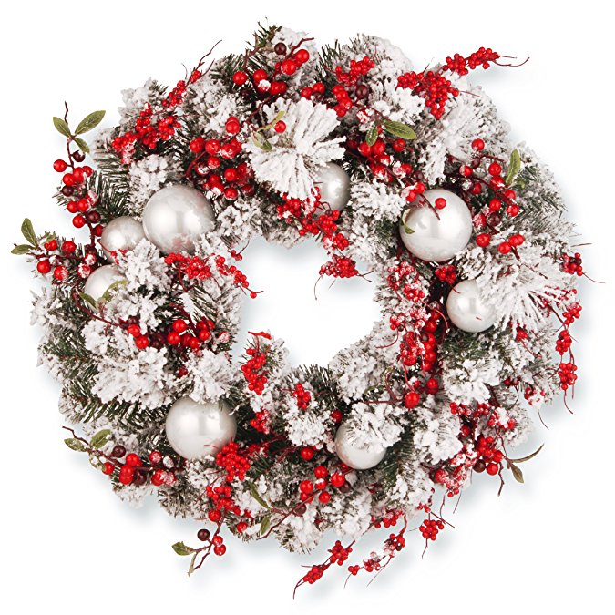 National Tree 24 Inch Christmas Wreath with Red and White Ornaments (RAC-J501X24)