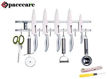 SPACECARE Magnetic Knife Holder,Knife Strip,Knife Rack Double-Bar Rack Stainless Steel Wall-mounted With 6 Removable Hooks