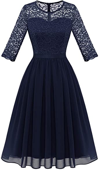 BeryLove Women's Vintage Floral Lace Long Sleeve Scoop Neck Formal Party Swing Dress