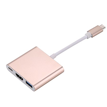 Zodiac Type C USB 3.1 To HDMI Adapter  USB 3.0 USB-C Charging Port PD Qucik Charging for New Macbook/ Chromebook Pixel/Dell XPS13/Yoga 900/Lumia 950XL USB-C Devices To HDTV and Projector (Gold)