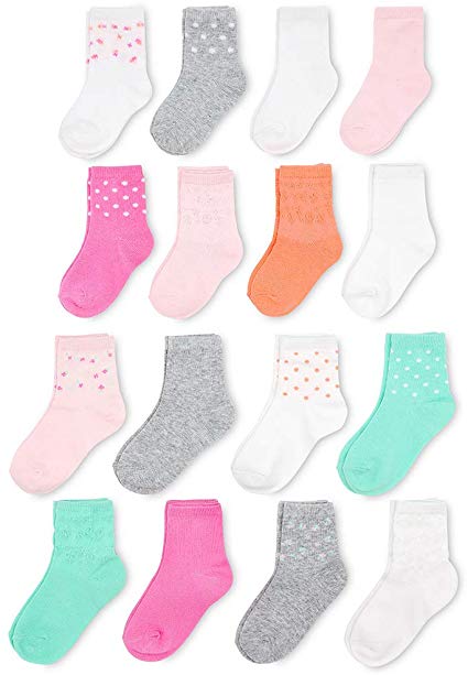 Goldbug Baby & Toddler Girls - Multi Size 16-Pack Grow-With-Me Socks - All Weather Breathable Cotton Stretch Socks