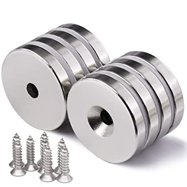 LOVIMAG 1.26 inch x 0.2 inch Neodymium Disc Countersunk Hole Magnets. Strong Permanent Rare Earth Magnets with Screws - Pack of 8