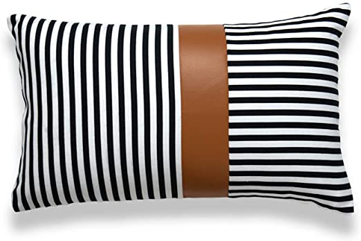 Hofdeco Faux Leather and 100% Cotton Pillow Cover ONLY, Camel Black Modern Design Stripes, 12"x20"