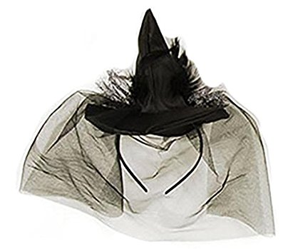 Mini Halloween Witch Hat Headband with Veil - Halloween Costume - 7.5" x 6.5" Black