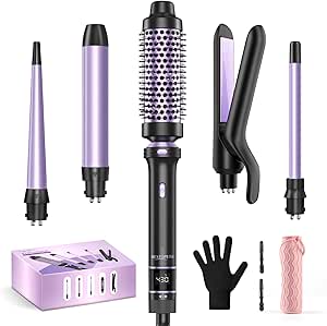 5 in 1 Curling Iron, Curling Wand Set with Thermal Brush, Flat Iron Hair Straightener, 3 Ceramic Curling Irons (0.35"-1"), 13 Adjustable Temps, Hair Curler Waver with Heat Resistant Mat, Glove, Clip