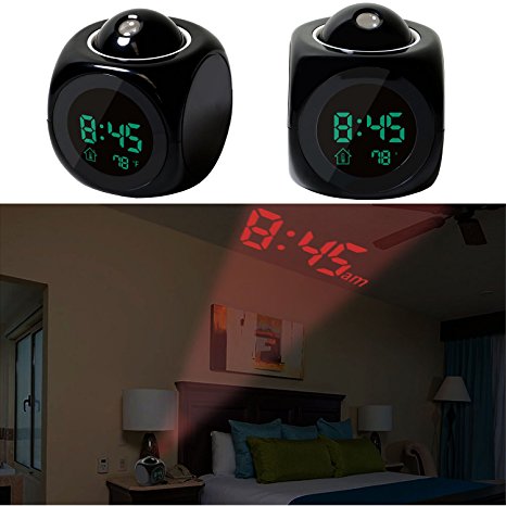 GPCT [Wall/Ceiling] Digital LCD Voice Talking LED [Projection Alarm] Snooze Clock With Temperature Display (2 Different Time Modes/Sleep Timer Bedside Alarm Clock) - Black